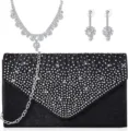 Elegant rhinestone evening clutch bag with matching necklace and earrings set for women party. - Black