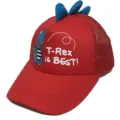 Detailaufnahme einer roten Kinder Baseballcap mit blauen Dino Zacken und Text Druck. - Einheitsgröße / Mesh Mütze Kleiner Dinosaurier / Rot