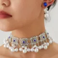 European and American vintage alloy pearl blue crystal choker necklace and earrings set. - Blue