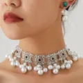 Retro vintage alloy pearl choker necklace and statement earrings set for women boho style party. - Red and Green