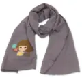 Greyish purple cotton linen scarf with cartoon girl embroidery soft cozy autumn winter accessory - Lollipop Girl - Light Purple
