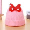 Kids winter pink knit beanie hat with adorable red polka dot bow warm toddler cute cap - Around 50cm / Pink