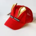 Kids red baseball cap with cute gold bunny ears breathable mesh sun hat for baby girls and boys - Cap Circumference Around 54cm (Adjustable) / Red