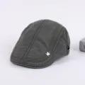 Detailed view of dark grey men cotton flat cap, classic ivy beret hat with sporty embroidery. - Adjustable / Army Green