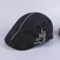 Men cotton retro flat cap with side embroidery detail, casual vintage duckbill hat for daily wear. - Adjustable / Black