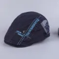 Men's cotton flat cap vintage ivy hat casual newsboy beret detail view showcasing embroidery. - Adjustable / Navy Blue