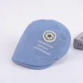 Men cotton flat cap ivy newsboy beret hat with stylish embroidery and badge detail blue - Adjustable / Blue