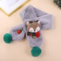 Kids grey faux rabbit fur scarf with cute cartoon reindeer design, bow and green pom poms. - Gray