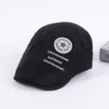 Men casual cotton flat cap black beret newsboy hat with stylish embroidered badge - Adjustable / Black