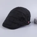 Men's black cotton ivy flat cap retro casual painter beret hat with grid texture - Adjustable / Black