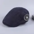 Men's cotton flat cap ivy hat vintage casual beret detailed side embroidered patch view. - Adjustable / Navy Blue