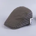 Men's cotton flat cap British vintage ivy beret casual plaid patchwork hat stylish newsboy - Adjustable / Army Green