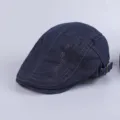 Dark blue cotton flat cap for men, stylish embroidered ivy cap with adjustable metal buckle. - Adjustable / Navy Blue