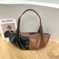Minimalist colorblock shoulder tote bag, large capacity slouchy leather purse for daily use. - Black Brown