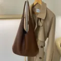 Brown soft leather shoulder bag casual minimalist tote bag daily versatile handbag fashion - Dark Brown