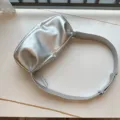 Silver metallic pleated shoulder bag for women, trendy soft crossbody bag with wide strap. - Silver