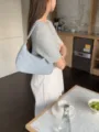 Light blue hobo shoulder bag with braided strap minimalist stylish womens daily handbag. - Blue