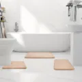 Detailed view of the 3-piece memory foam bathroom mat set in a clean modern room. - 40*50U+50*80 Two-Piece Set / Camel