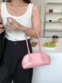 Pink leather underarm shoulder bag, trendy minimalist long handle baguette handbag for women. - Pink