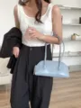 Light blue shoulder bag, stylish baguette handbag with long handle for women daily wear. - Fog Blue