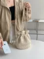 Detailed view of the chic cream pleated drawstring shoulder bag, showcasing unique texture. - Apricot