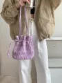 Women ruched drawstring shoulder bag Korean vintage style purple handbag casual daily - Purple