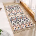 Böhmischer Baumwoll-Leinen Teppich mit geometrischem Muster und Fransen für Schlafzimmer. - 60*180cm / Kontrast Geometrisch