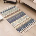 Boho geometric woven cotton linen fringe rug, stylish vintage bedroom bedside floor mat. - Rustic
