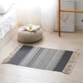 Nordic ethnic style woven cotton linen geometric rug with fringe, dark gray variant. - 60*90cm / Kebu
