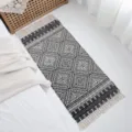 Bohemian geometric woven rug, black and white cotton linen bedside floor mat with tassels. - 60*90cm / Bomi
