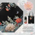 Paraguas plegable con elegante estampado de peonías, protección UV UPF50+ y estructura dorada. - Elegancia nacional: paraguas con revestimiento de color y gancho dorado