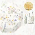 Paraguas plegable con estampado floral protección UV, mango de madera y estructura dorada. - Mar de flores radiantes: paraguas con revestimiento de color y gancho dorado