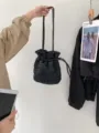 Black pleated drawstring bucket bag, trendy Korean style shoulder handbag for women details - Black