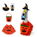 Set costume da oca da portico di Halloween mantello di zucca cappello lanterna - Adatto 23 Pollici / Stile Strega Lanterna di Zucca (Set da 4 pezzi)