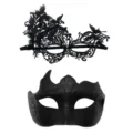 Black masquerade mask set, lace butterfly and glitter molded couple eye masks for party. - Black