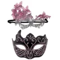 Masquerade mask couple set Halloween party dress up lace butterfly and glitter eye masks - Pink