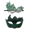 Masquerade couple masks set with butterfly lace and glitter designs for party festival. - Green