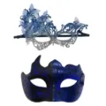 Set di Maschere Masquerade Blu Pizzo Farfalla e Nero Blu Glitter Maschera per Occhi - Blu