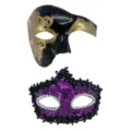 Paar Masken Set Schwarz Gold und Lila Pailletten Halbgesicht Venedig Party Masken - Römische Halbe Gesichtsmaske mit Glitzerplatte Stil C