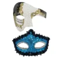 Paar Masken Set, Venezianische Musikprint und blaue Pailletten Halbmaske fuer Party Karneval. - Römische Halbe Gesichtsmaske mit Glitzerplatte Stil D