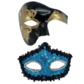 Pärchen Masken Set, schwarz gold und blaue Pailletten Halbmasken für Halloween Karneval. - Römische Halbe Gesichtsmaske mit Glitzerplatte Stil A