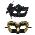 Paar Masken Set Venedig Karneval Schwarz Feder Gold Glitzer Fasching Halbmaske Party - Ganz in Schwarz gehaltenes Spitzen Feder und Schwarzgold Retro Muster Set
