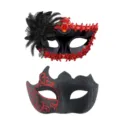 Paare Masken Set mit Federn und Glitzer für Karneval Halloween Kostüm Party Maskerade. - Schwarze Feder mit Rubinverzierung und Schwarz Rot Glitzer Set