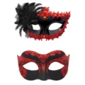 Paar Masken Set, venezianische Karneval Masken in Schwarz und Rot mit Federn für Party. - Schwarz Rot Feder Spitze und Rot Glitzer Barock Set