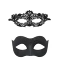 Paar schwarze Masken Set, Spitze und Glitzer Halbgesicht Masken für Halloween Party. - Schwarzes Spitzen Ausschnitt und Hartglitzer Spray Set