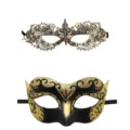 Paar Masken Set Karneval Maskerade Maske gold und schwarz fur Kostum Party Event - Goldener Hohlmetall Look und Schwarzgold Glitzer Textur Set
