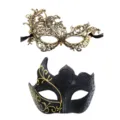 Paar Maskerade Masken Set, goldene filigrane Spitze und schwarze Glitzer Party Halbgesicht Masken. - Goldenes Multi-Horn Set