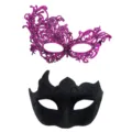 Masken Set Paar, pink filigranes Spitzen- und schwarzes Glitzer Halbgesicht Partymasken. - Lila Multi-Horn Set