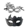 Pärchen Masken Set, silberne Spitze und schwarze Glitzer Masken für Kostümfeste. - Silber Multi-Horn Set