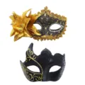 Pärchen Masken Set für Karneval Halloween Maskerade Party, elegante Spitzen Halbmasken Glitzer. - Multi-Horn Bemalt + Große Lilie an der Seite